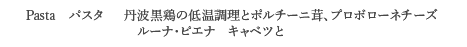 <Pasta パスタ> 丹波黒鶏の低温調理とポルチーニ茸、プロボローネチーズ ルーナ・ピエナ キャベツと